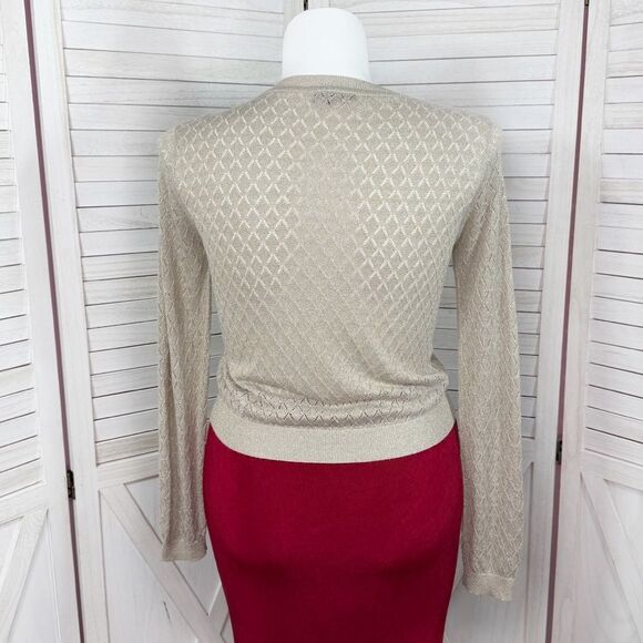 MNG Mango Pointelle Metallic Shimmer Button Up Cardigan Sweater Tan Gold Large - Picture 4 of 12